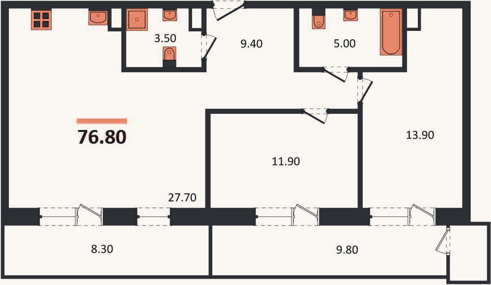 Планировка: 2-к, 71,6 м²