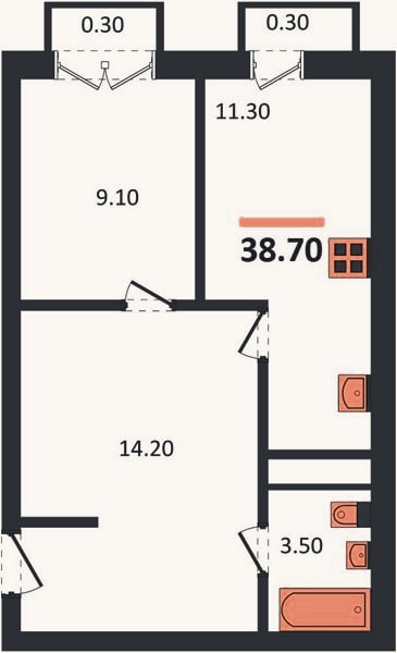 Планировка: 1-к, 38,7 м²