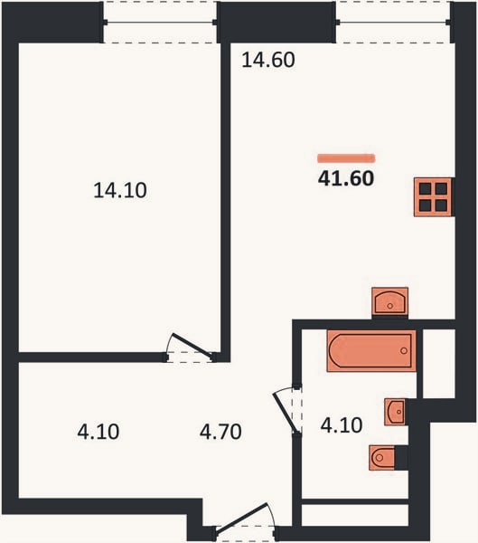 Планировка: 1-к, 41,6 м²