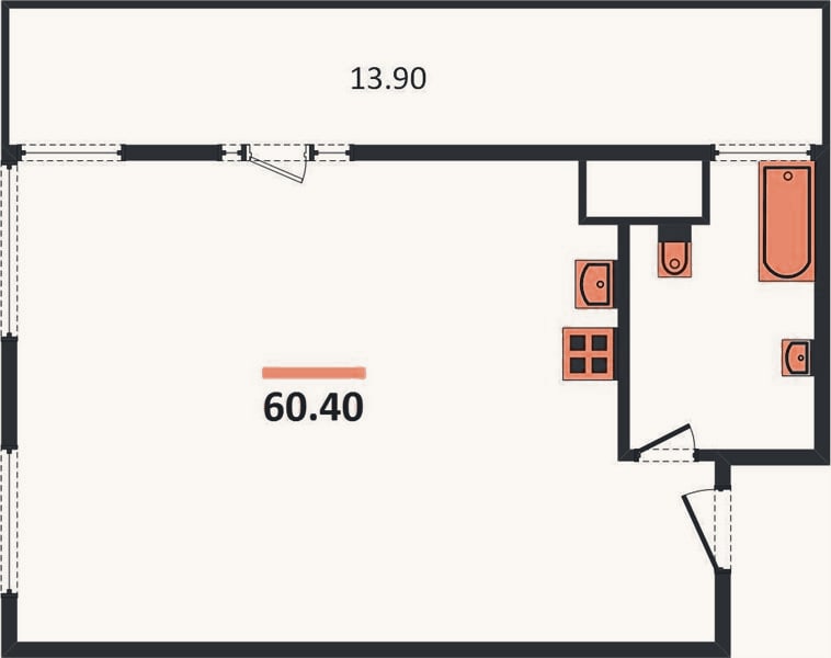 Планировка: 1-к, 60,4 м²