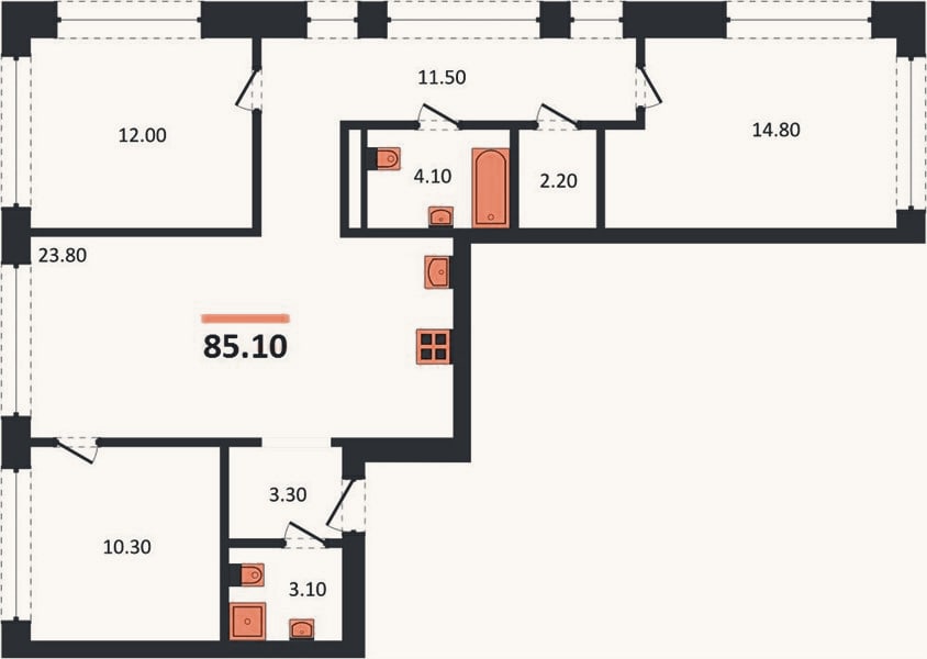 Планировка: 3-к, 85,1 м²