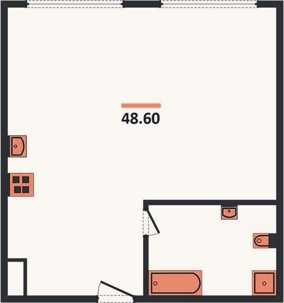 Планировка: 1-к, 48,6 м²