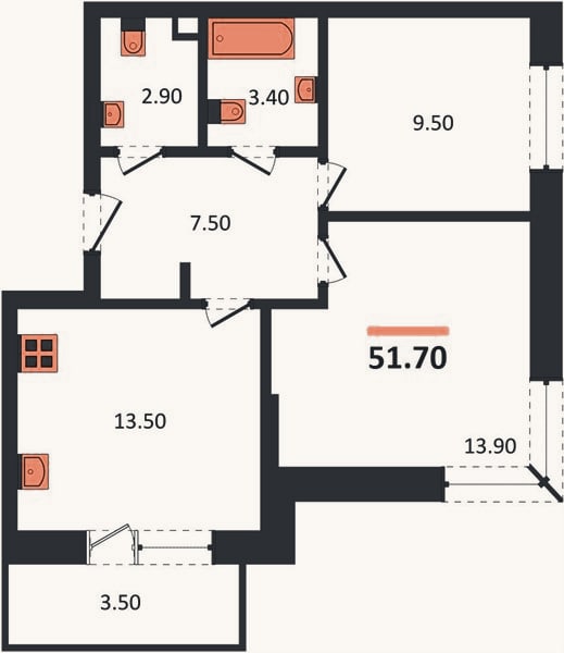 Планировка: 2-к, 52,3 м²