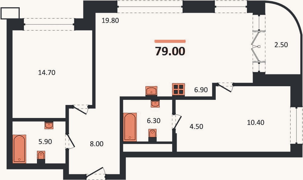 Планировка: 2-к, 79 м²