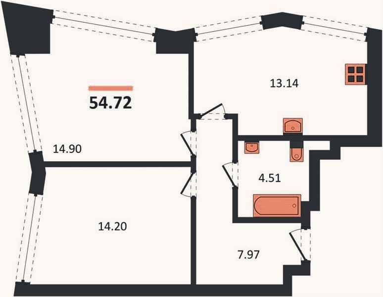 Планировка: 2-к, 54,7 м²