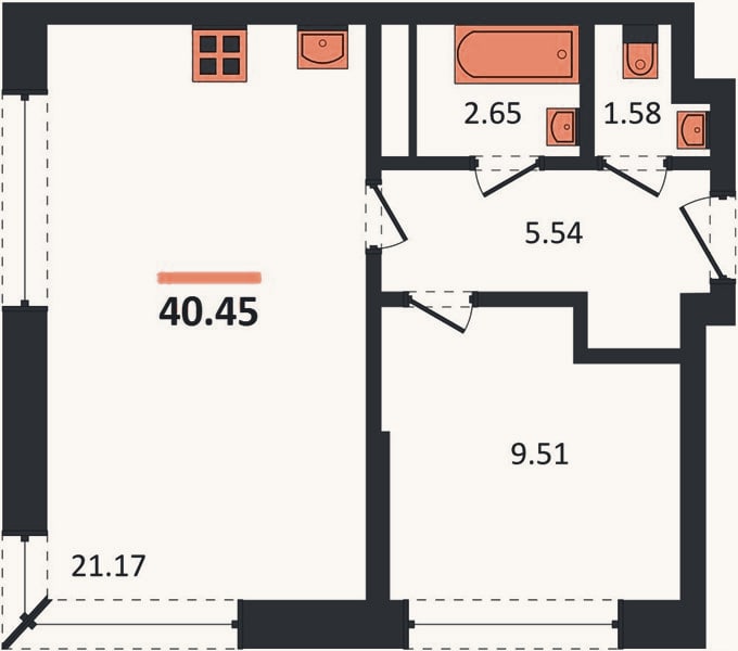 Планировка: 1-к, 40,5 м²