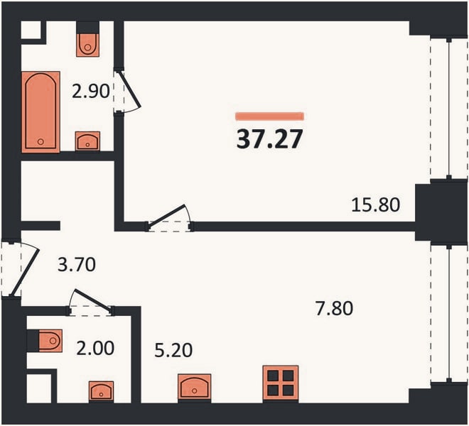 Планировка: 1-к, 37,3 м²