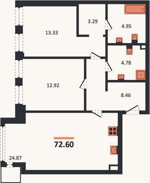 Планировка: 2-к, 72,6 м²
