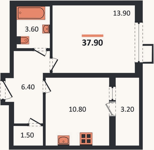 Планировка: 1-к, 37,9 м²