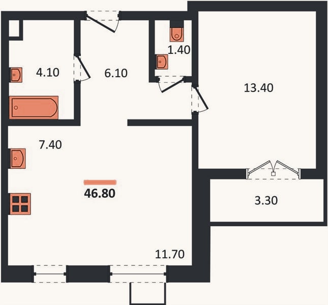 Планировка: 1-к, 46,8 м²