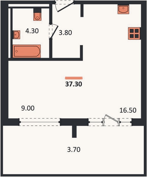 Планировка: 1-к, 37,3 м²