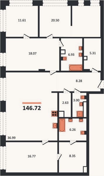 Планировка: 3-к, 146,7 м²