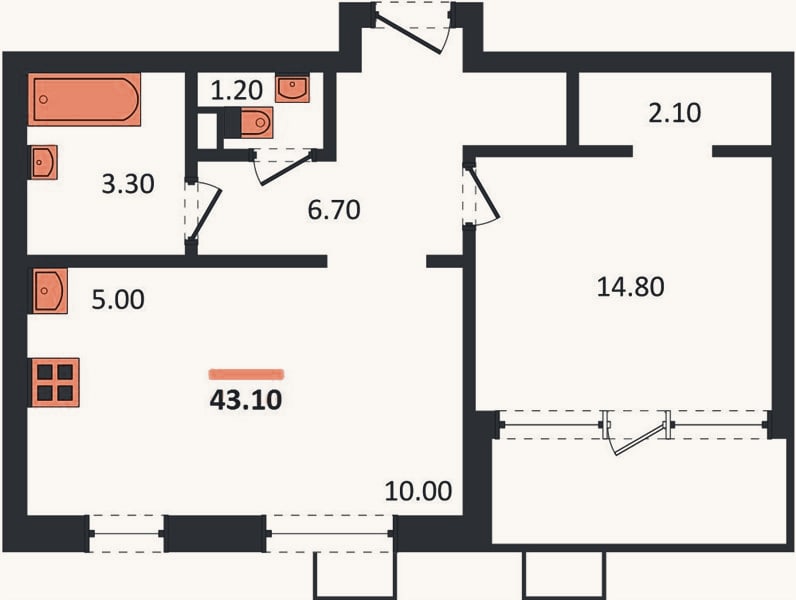 Планировка: 1-к, 43,1 м²