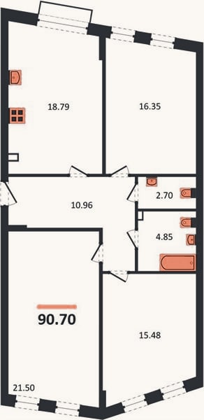 Планировка: 3-к, 90,7 м²