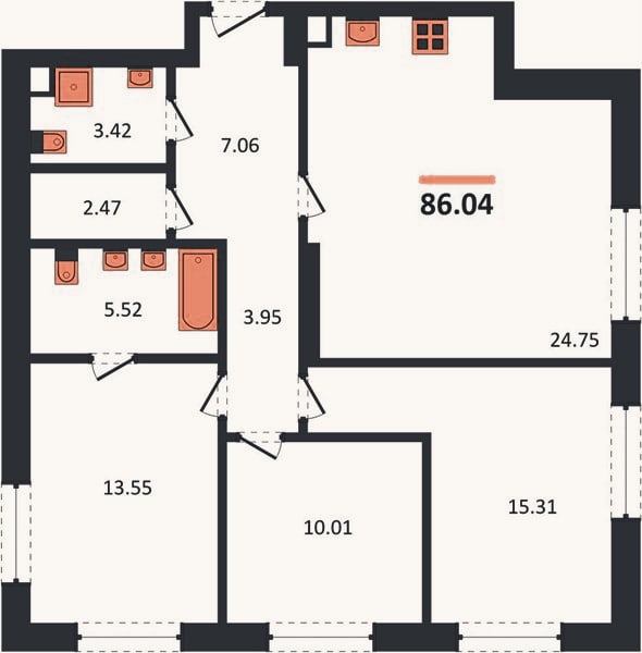 Планировка: 3-к, 86 м²