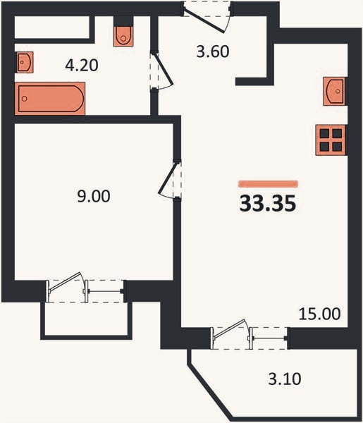 Планировка: 1-к, 33,4 м²