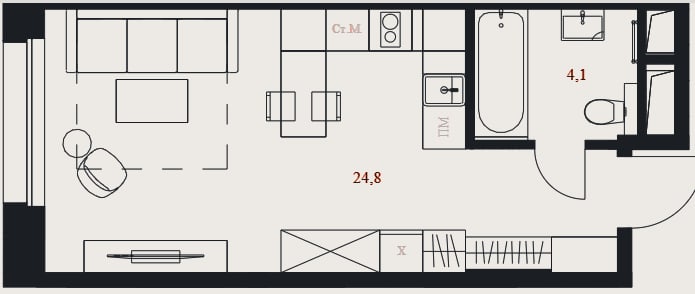 Планировка: Студия, 28,9 м²