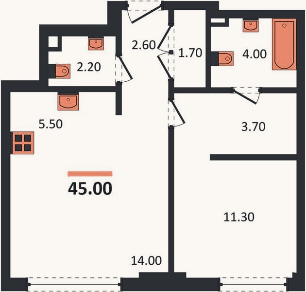 Планировка: 1-к, 45 м²