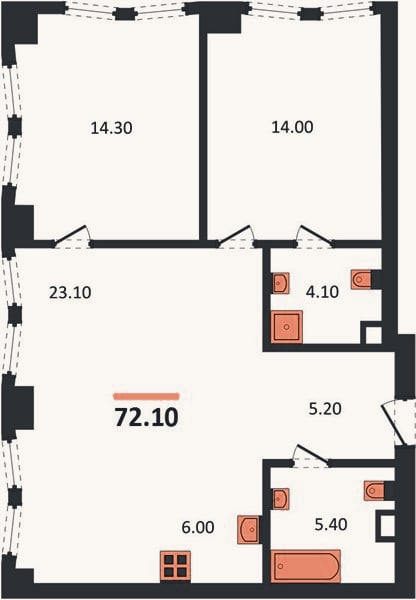 Планировка: 2-к, 72,1 м²