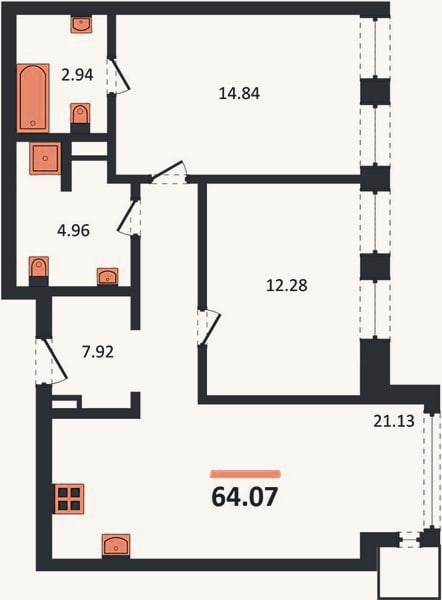 Планировка: 2-к, 64,1 м²