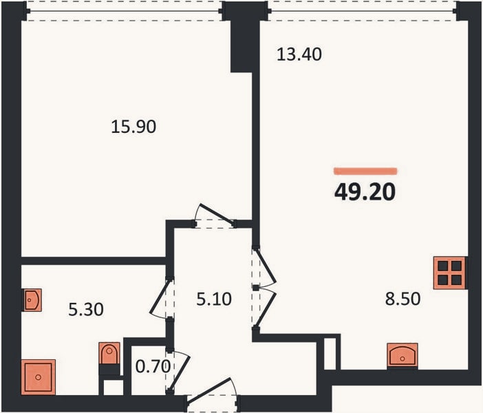 Планировка: 1-к, 49,2 м²