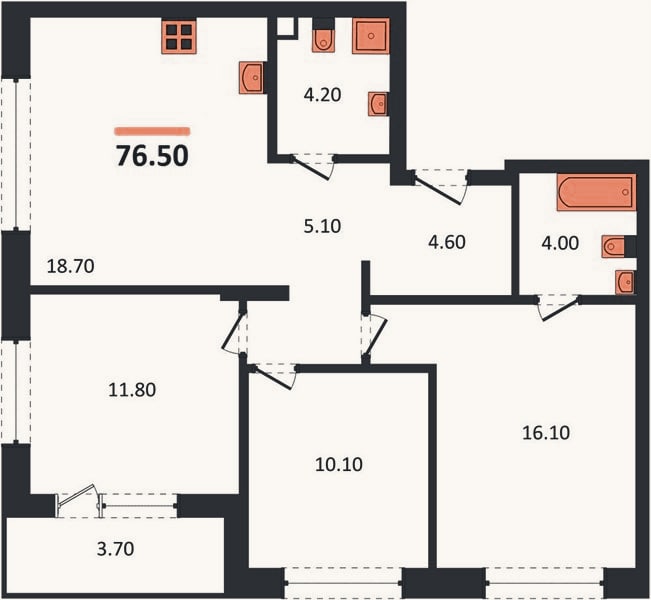 Планировка: 3-к, 76,5 м²