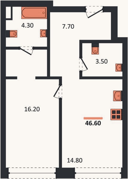 Планировка: 1-к, 46,6 м²