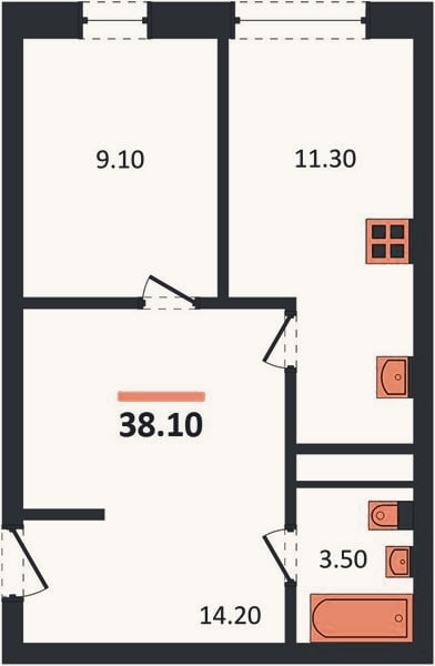Планировка: 1-к, 38,1 м²