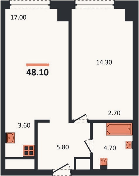 Планировка: 1-к, 48,1 м²