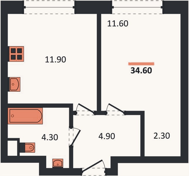 Планировка: 1-к, 34,6 м²
