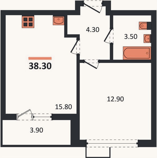 Планировка: 1-к, 38,3 м²