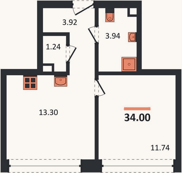 Планировка: 1-к, 34 м²