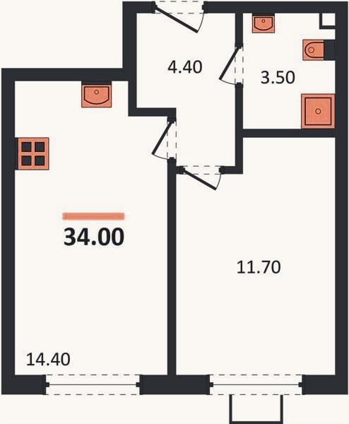 Планировка: 1-к, 34 м²