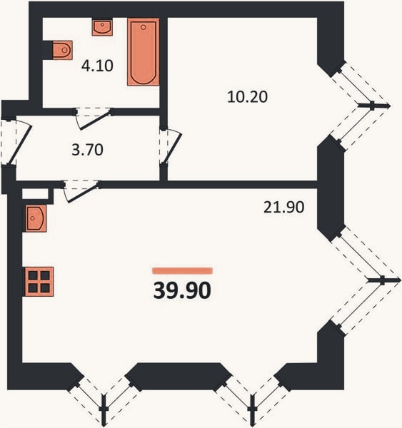Планировка: 1-к, 39,9 м²