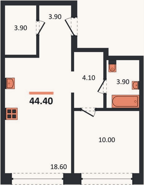Планировка: 1-к, 44,4 м²