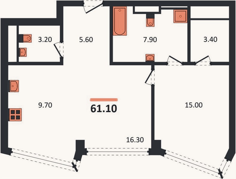 Планировка: 1-к, 61,1 м²