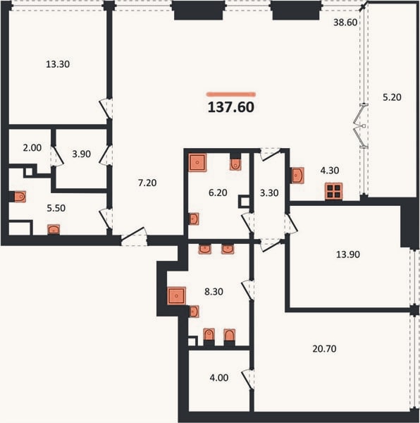 Планировка: 3-к, 137,6 м²