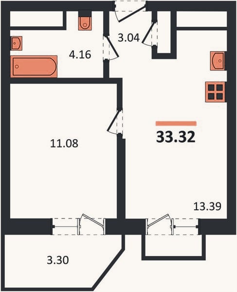 Планировка: 1-к, 33,3 м²