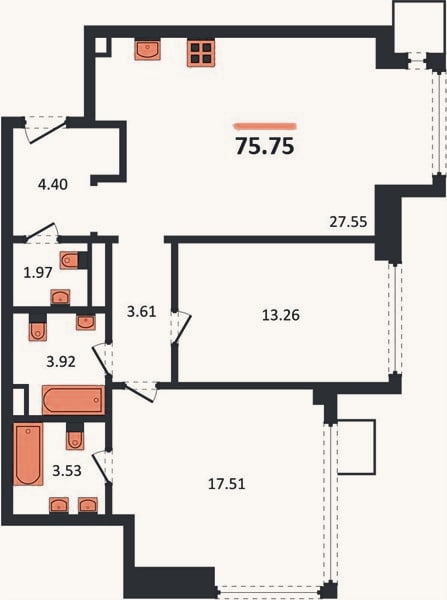 Планировка: 2-к, 75,8 м²