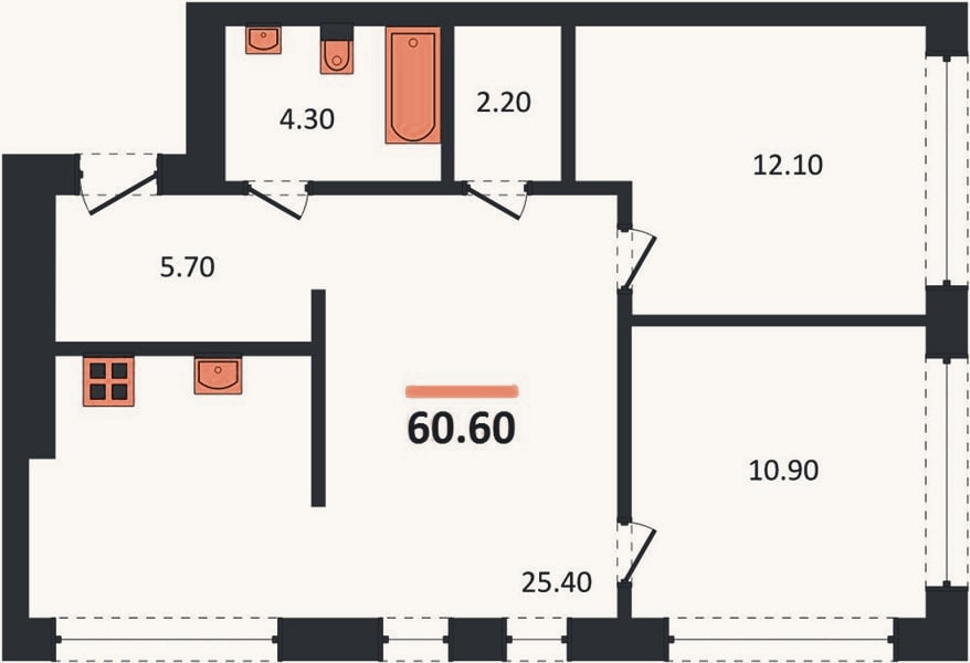 Планировка: 2-к, 60,6 м²