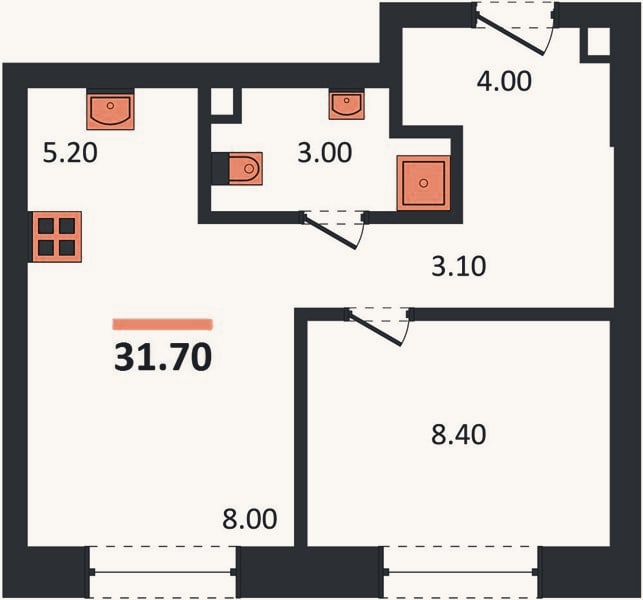 Планировка: 1-к, 31,7 м²