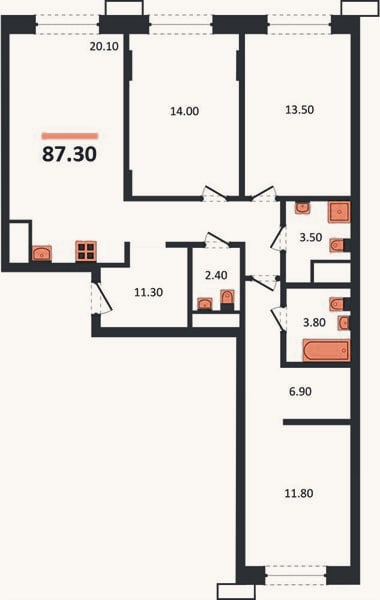 Планировка: 3-к, 87,3 м²