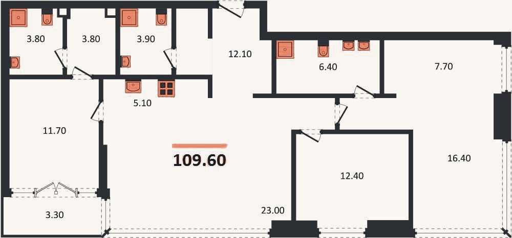 Планировка: 3-к, 109,6 м²