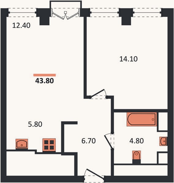 Планировка: 1-к, 43,8 м²