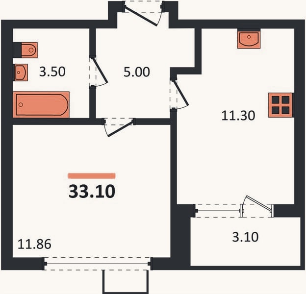 Планировка: 1-к, 33,1 м²
