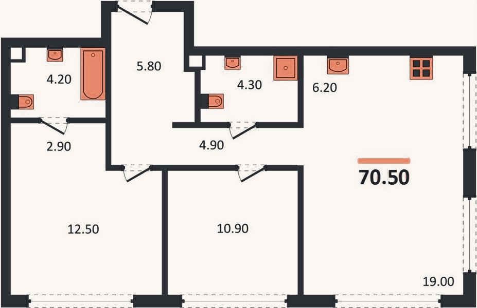 Планировка: 2-к, 70,5 м²