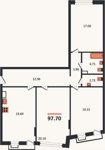 Планировка: 3-к, 97,7 м²