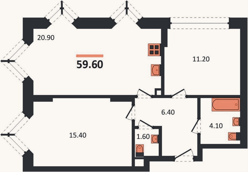 Планировка: 2-к, 59,6 м²