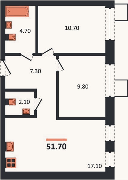 Планировка: 2-к, 51,7 м²