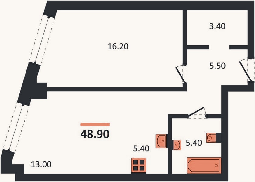 Планировка: 1-к, 48,9 м²